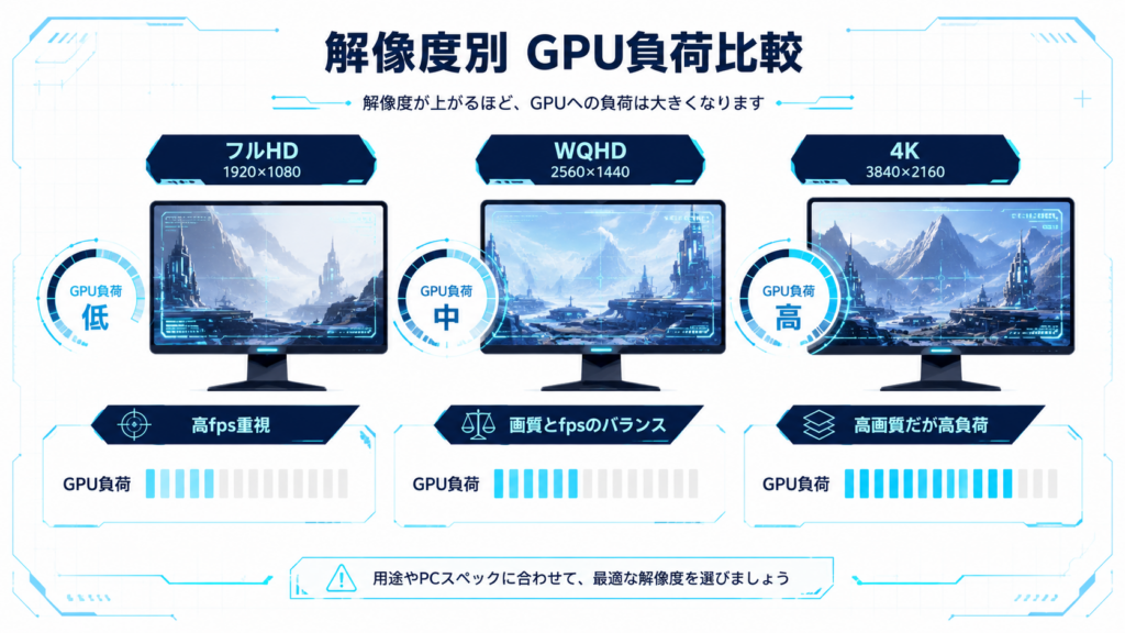 フルHD、WQHD、4KのGPU負荷比較図