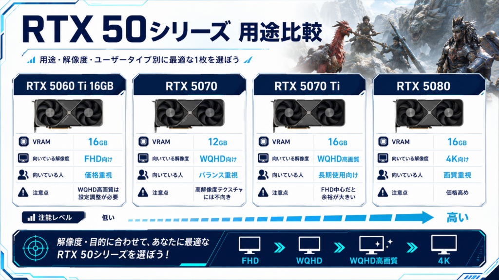 RTX 5060 Ti 16GB・RTX 5070・RTX 5070 Ti・RTX 5080の用途比較