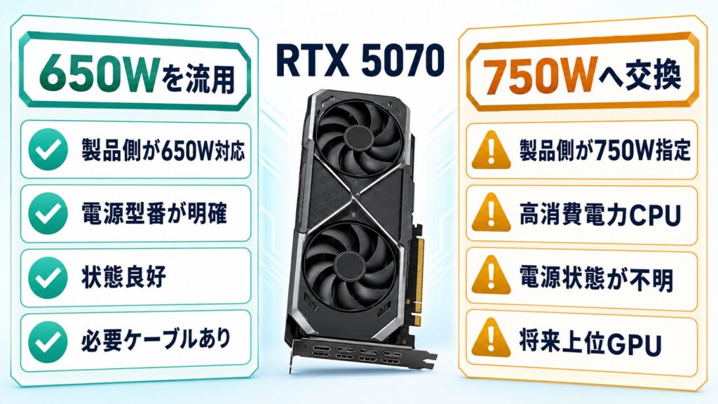 RTX 5070で650Wを流用できる条件と750Wへ交換する条件