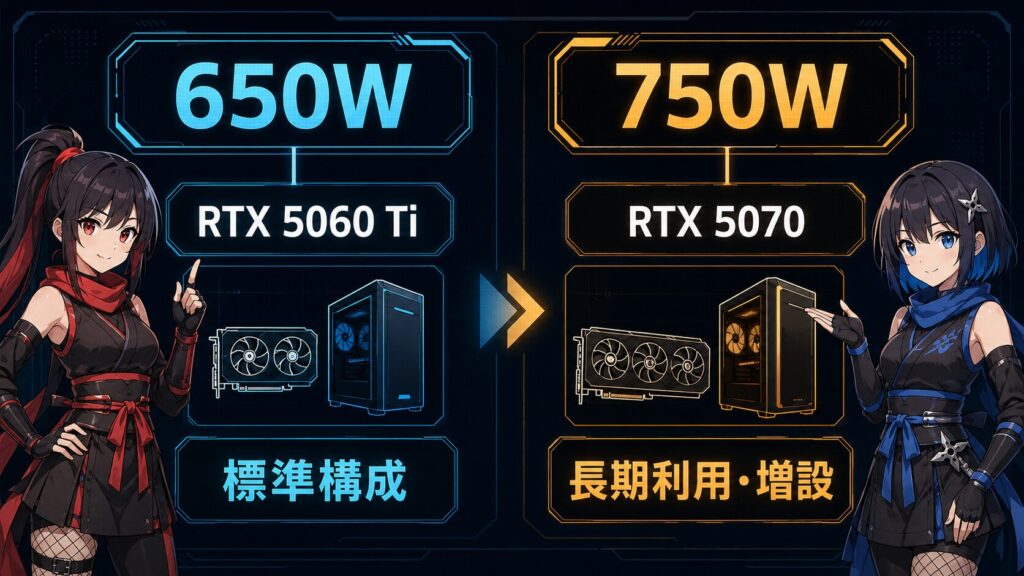 RTX 5060 Ti・RTX 5070で650Wと750Wを選ぶ早見図