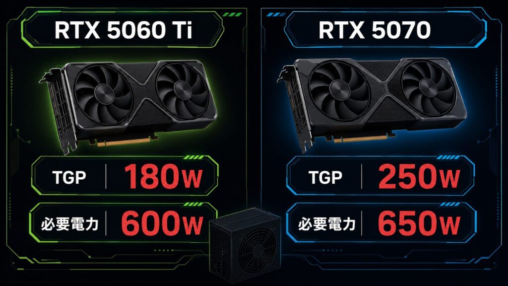 RTX 5060 TiとRTX 5070のTGP・必要システム電力比較
