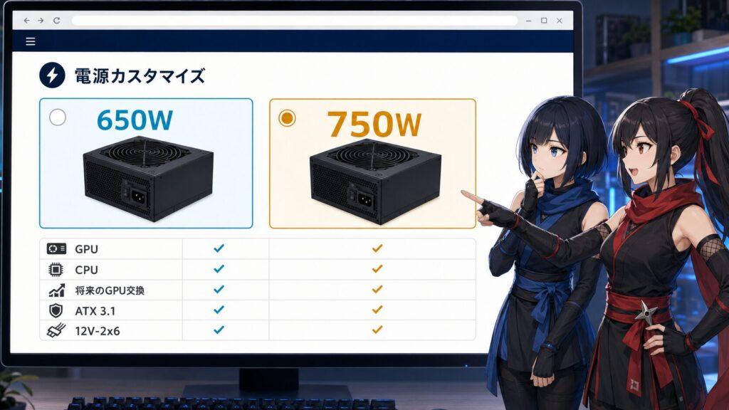 BTOカスタマイズ画面で650Wと750Wを選ぶ基準