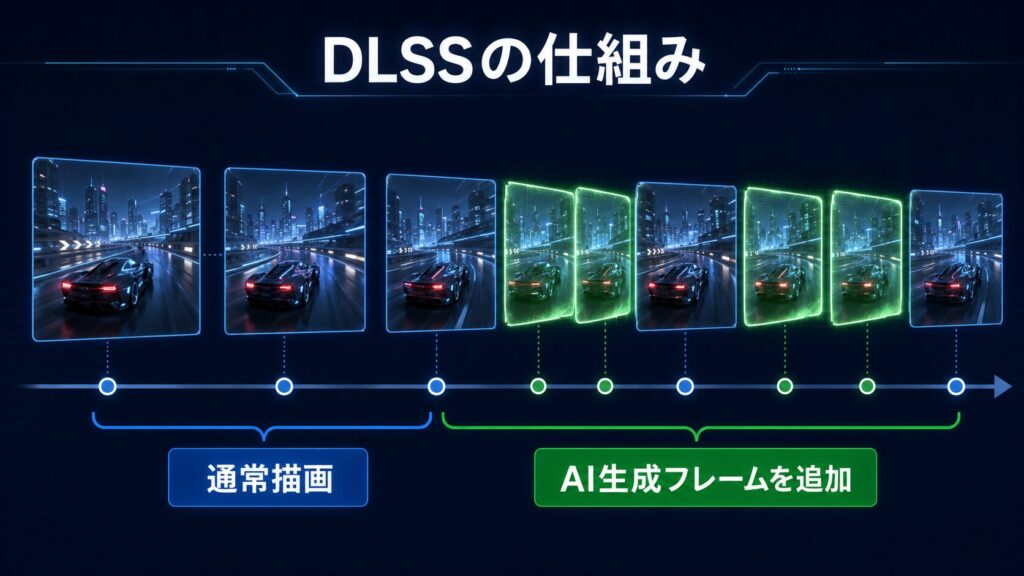 DLSSの通常描画とAI生成フレームの違い