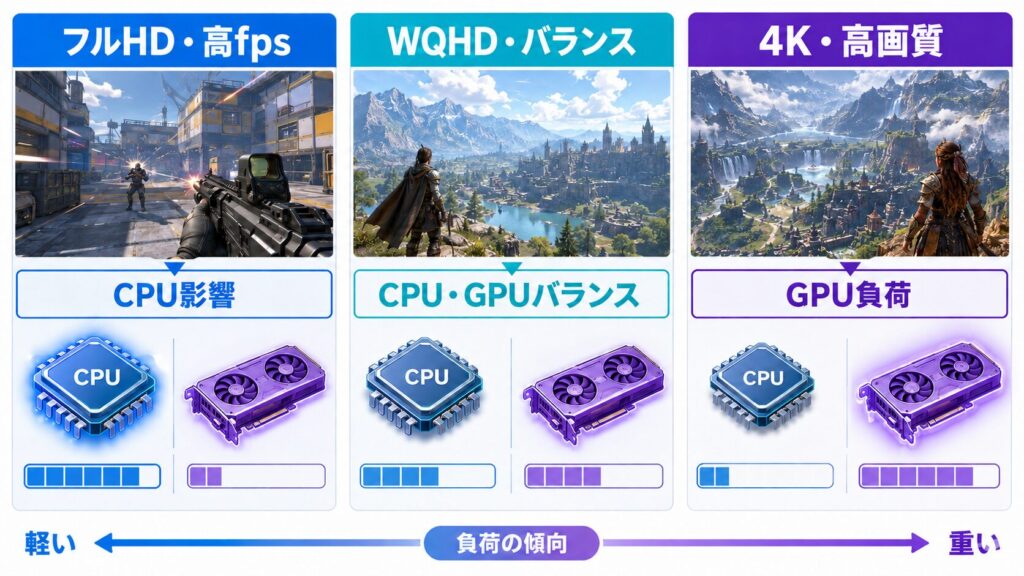 フルHD高fps・WQHD・4Kで変わるCPUとGPUの負荷