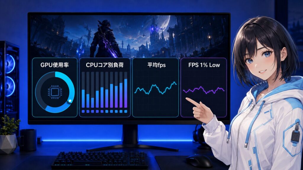 NVIDIA AppでGPU使用率・CPU使用率・FPS 1% Lowを確認する実画面