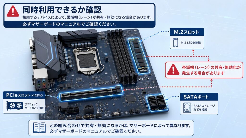 M.2とPCIeとSATAの共有関係を確認する様子