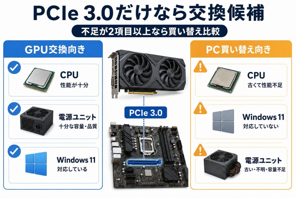 PCIe 3.0環境でGPU交換とPC買い替えを判断する早見図