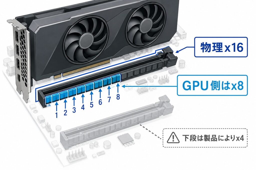 物理x16スロットとRTX 5060系の電気的x8接続の違い