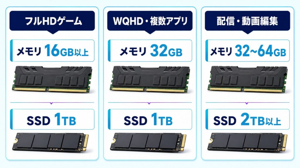 ゲーミングPCのメモリ・SSD・GPU・電源を確認する構成図