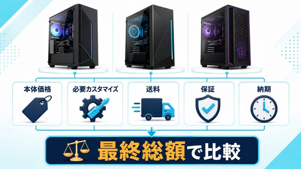 BTO3社をメモリ・SSD・保証・送料・納期で比較する図