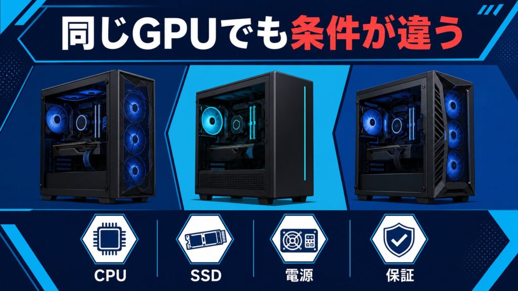 RTX 5070 Ti搭載BTOを構成と保証で比較するイメージ