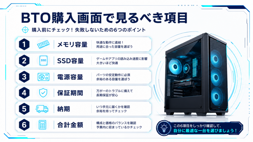 BTOゲーミングPCの購入画面で確認する項目