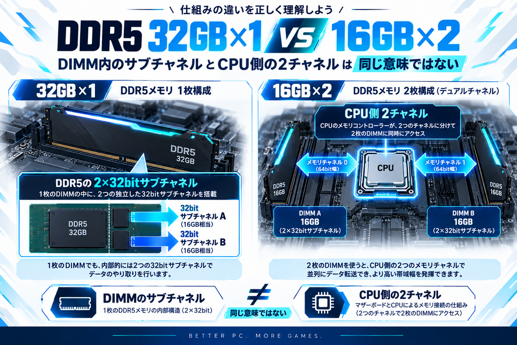 DDR5 32GB×1枚と16GB×2枚の違い