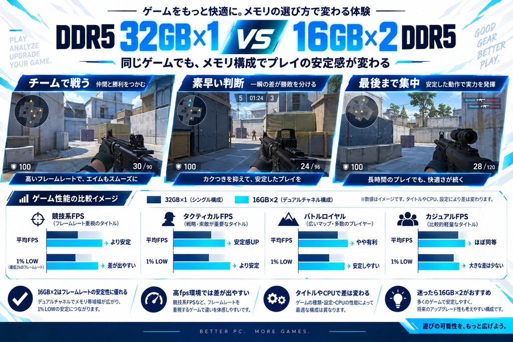 ゲームの平均fpsと1% Lowを比較するイメージ