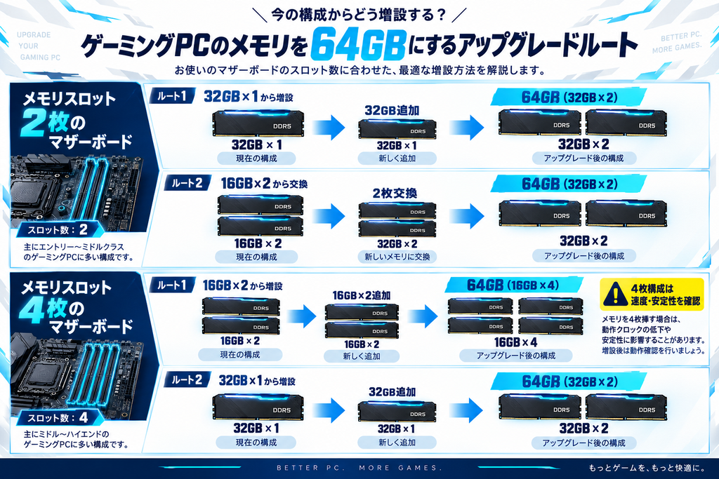 2スロットと4スロット別の64GB増設方法
