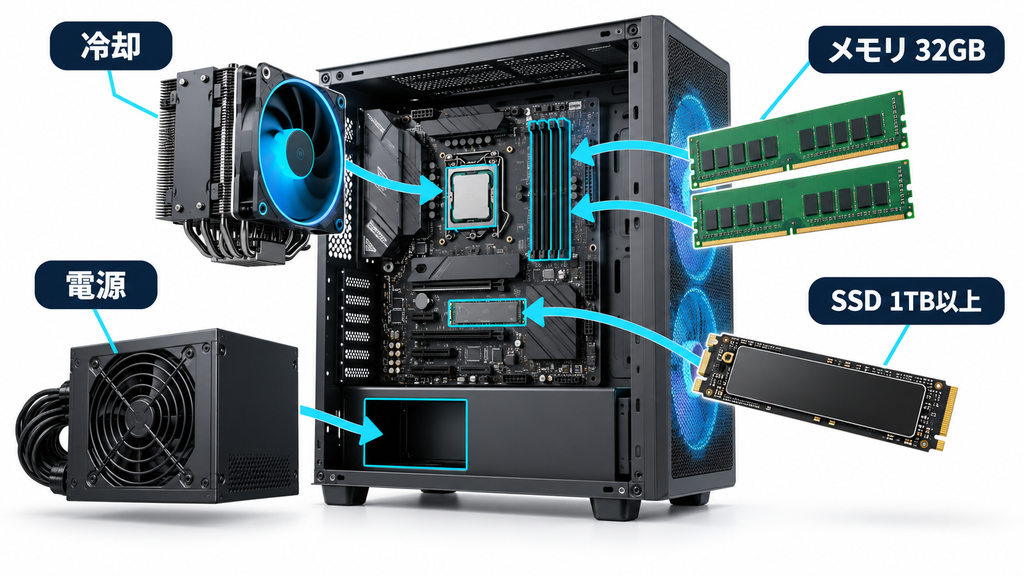 WQHDモニターとRTX 5070クラスのゲーミングPCを組み合わせたイメージ