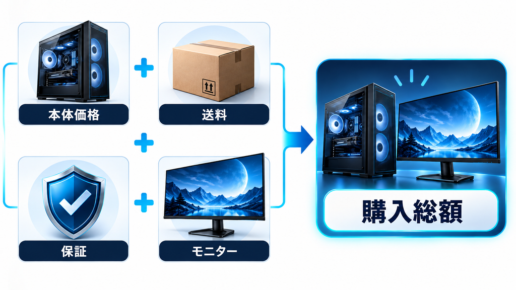 本体以外の送料、保証、周辺機器を含めて購入総額を確かめるイメージ