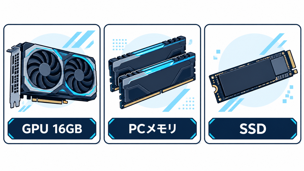 BTO購入前にGPUの16GB表記とシステムメモリとSSD容量を確認するイメージ