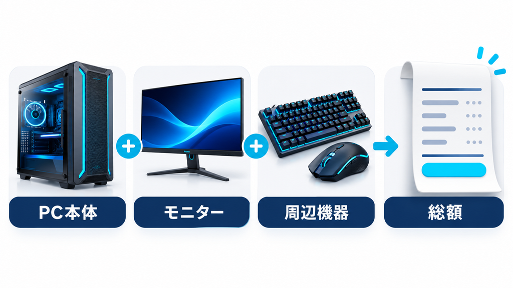 PC本体にモニターと周辺機器と追加費用を足して購入総額を確認する図
