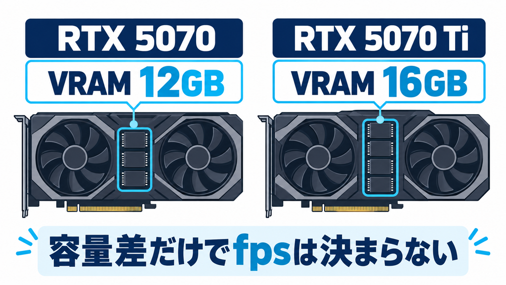 RTX 5070のVRAM 12GBとRTX 5070 TiのVRAM 16GBを示す独自図解