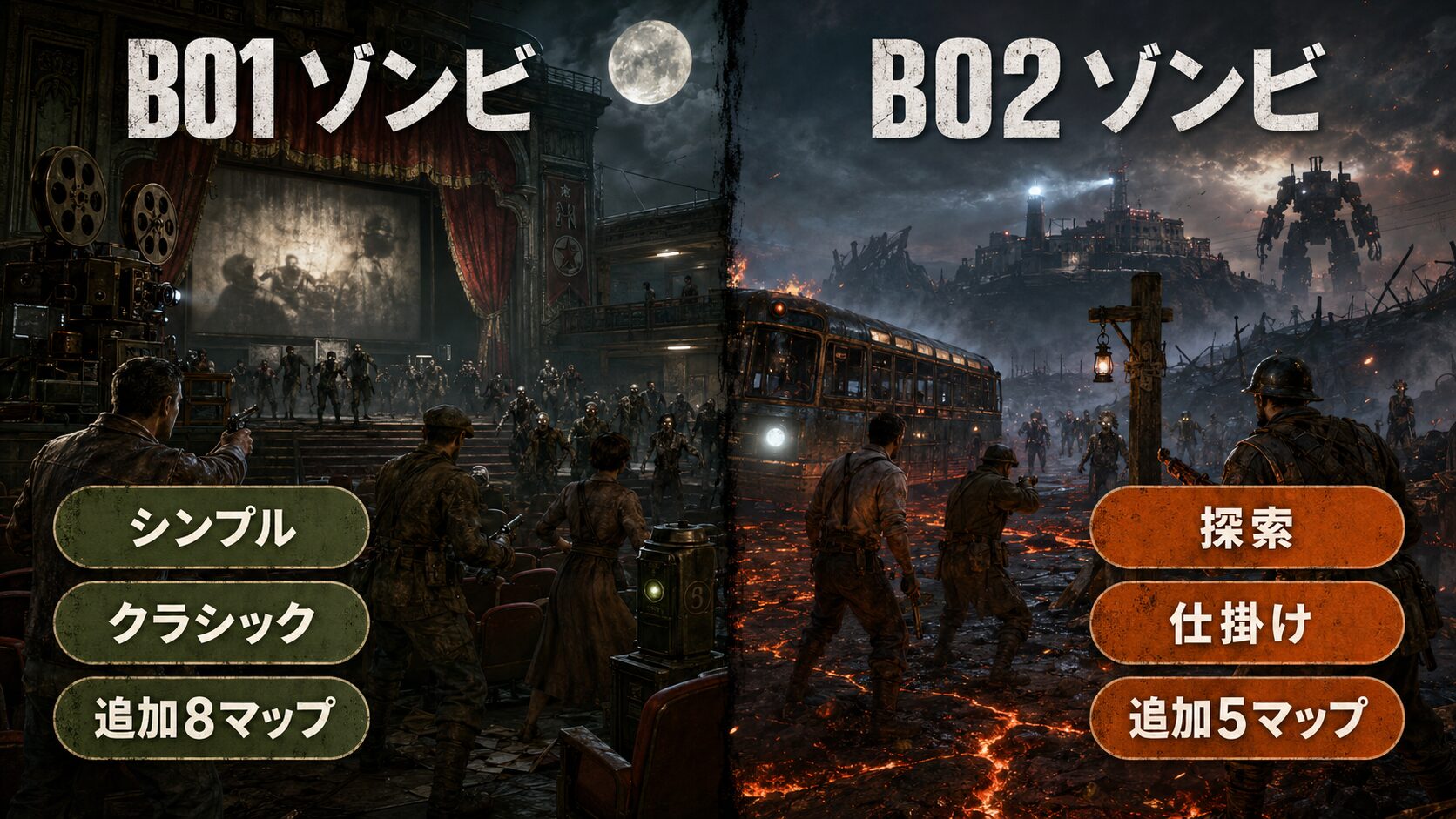 BO1とBO2のゾンビモードとDLCマップの違いを比較した図