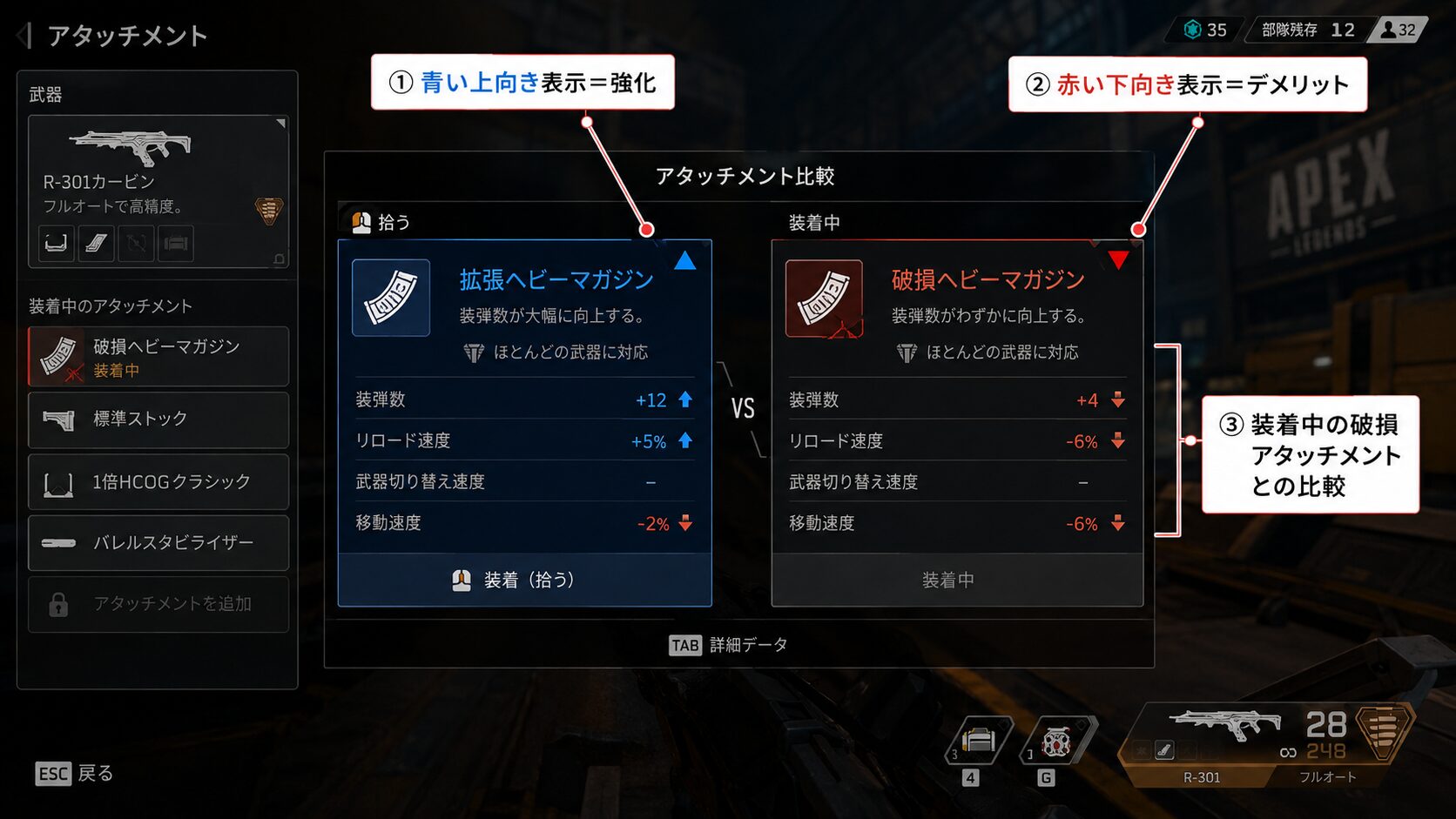 Apexのアタッチメントルートカードで性能変化を確認する画面