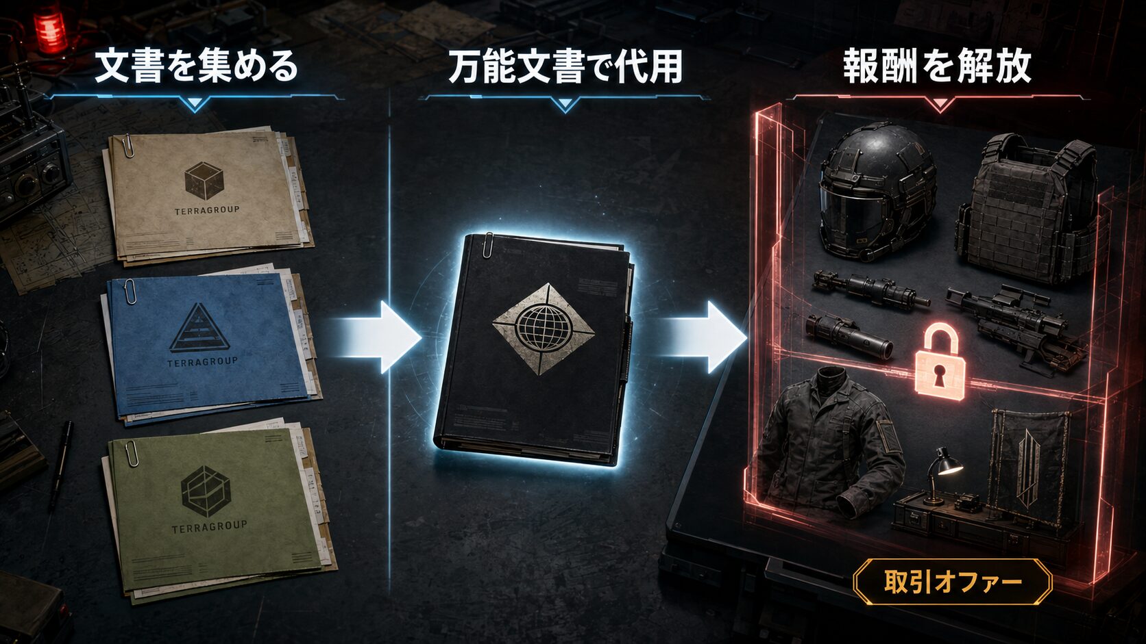 タルコフのTerraGroup文書とBlack Division報酬を表したイメージ