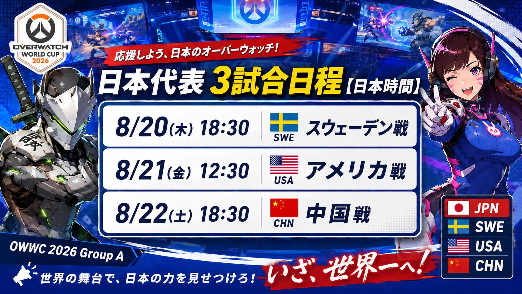 OWWC2026日本代表のスウェーデン・アメリカ・中国戦の日程
