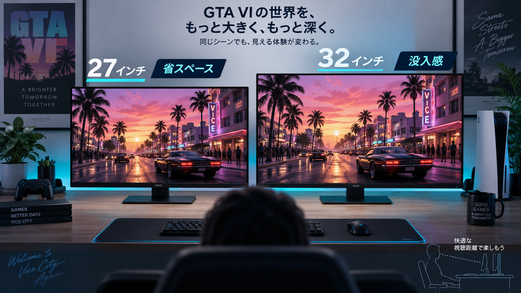 GTA6を表示した27インチと32インチモニターのサイズ比較