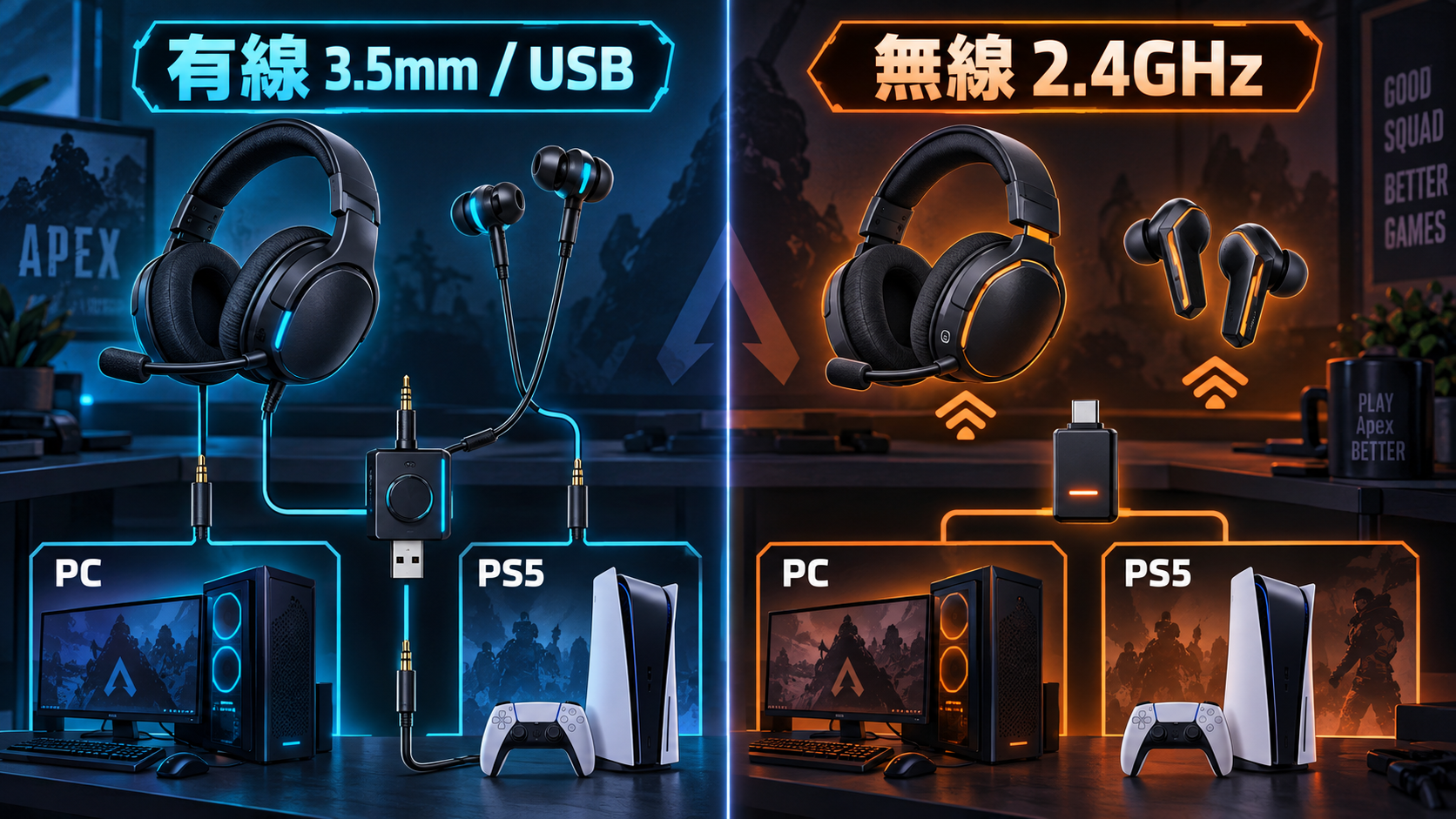 Apex用ヘッドセットとイヤホンの有線・無線接続方法をPCとPS5で比較