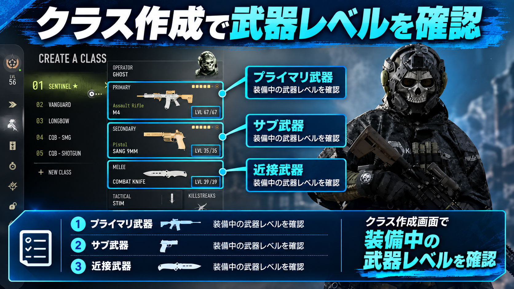 MW4の進行状況画面でマルチプレイヤーレベル報酬と武器解除条件を確認する手順